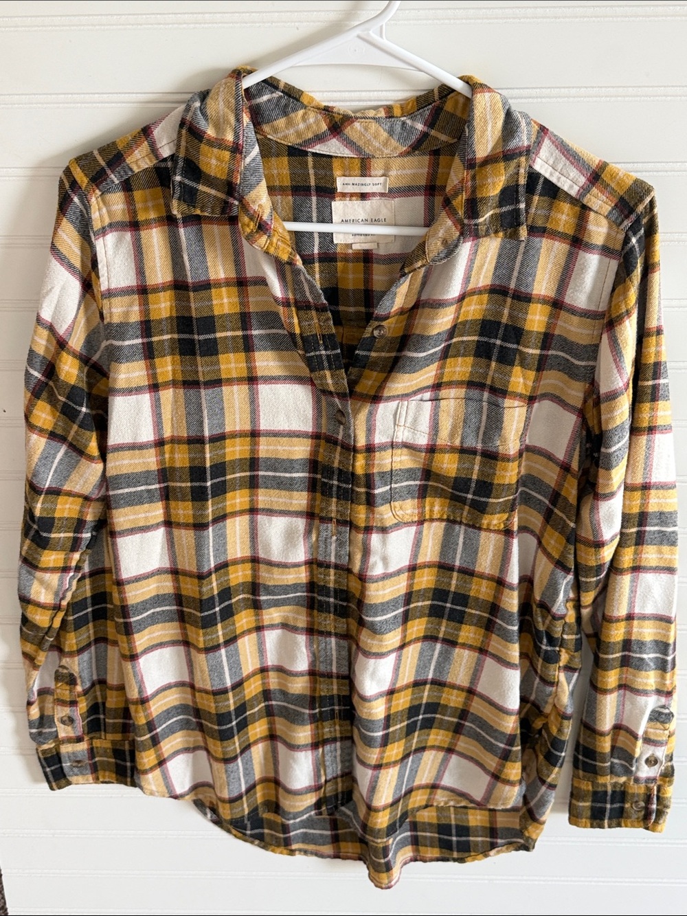 American Eagle Outfitters Yellow, Black & Cream Plaid Button-Down Shirt